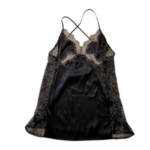Black Satin & Lace Victoria's Secret Slip Dress Criss Cross Back Women's Small